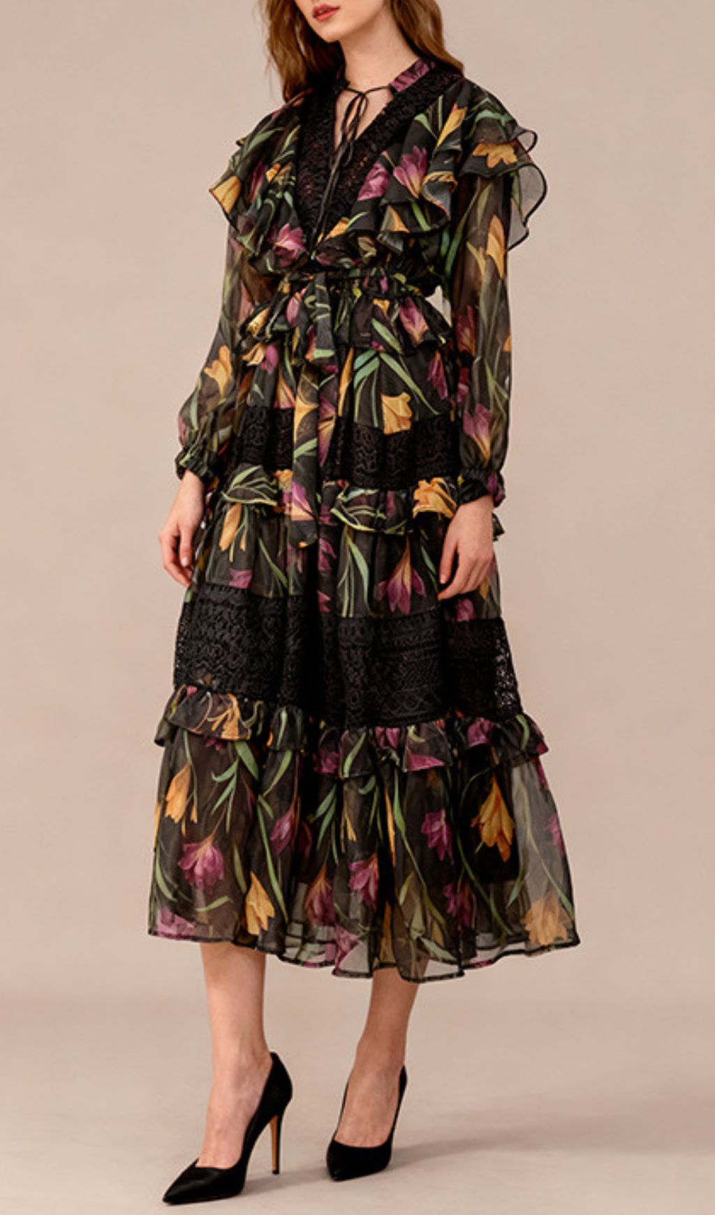 Imagine Floral Ruffle & Lace Tiered Long Sleeve Midi Dress