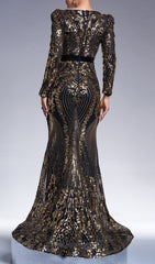 Chapa Glamorous Gold Sequin Long Sleeve Maxi Evening Gown