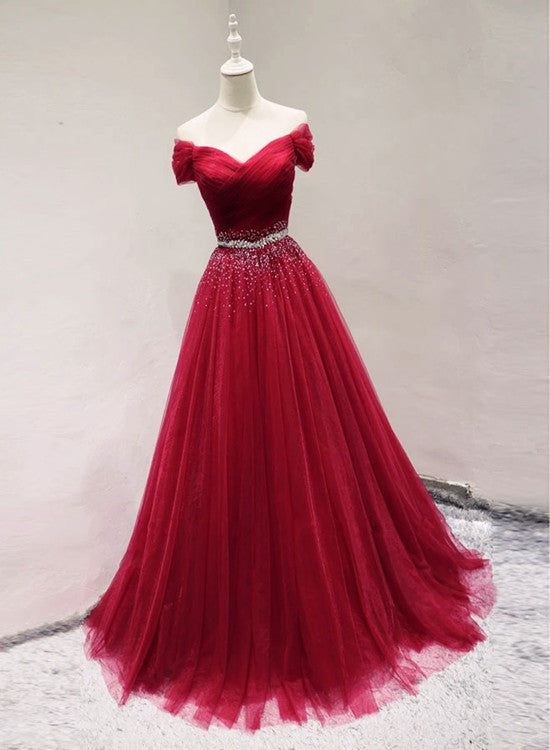 Beautiful Dark Red Tulle Off Shoulder Long Prom Dress