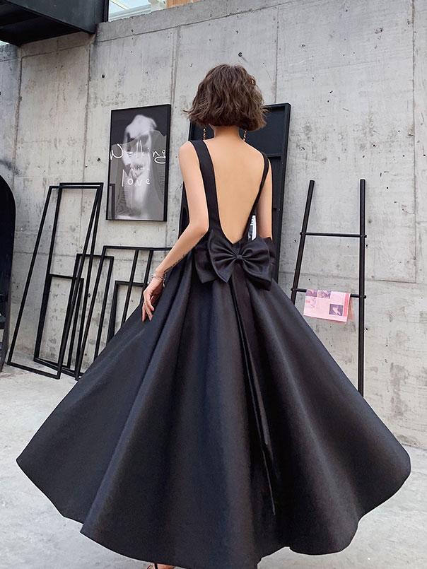 Black Satin Backless Tea Length Party Dress