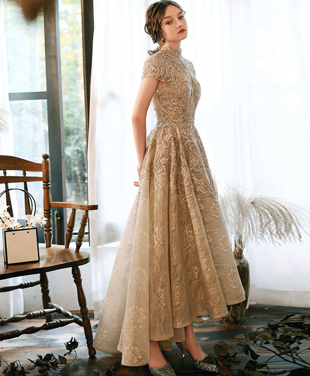 Champagne Lace High Low Short Sleeves Prom Dress