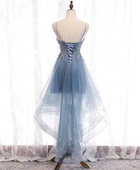 Blue High Low Tulle V-neckline Straps Party Dress with Lace