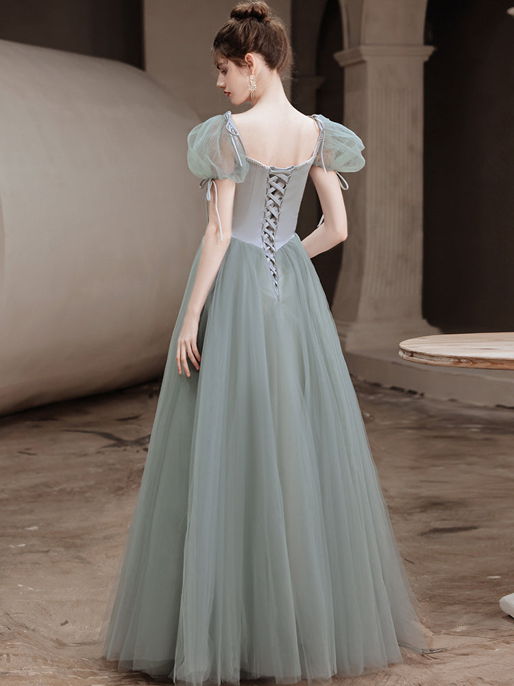 Vestido de fiesta de noche sencillo de tul con cuentas y corte en A 