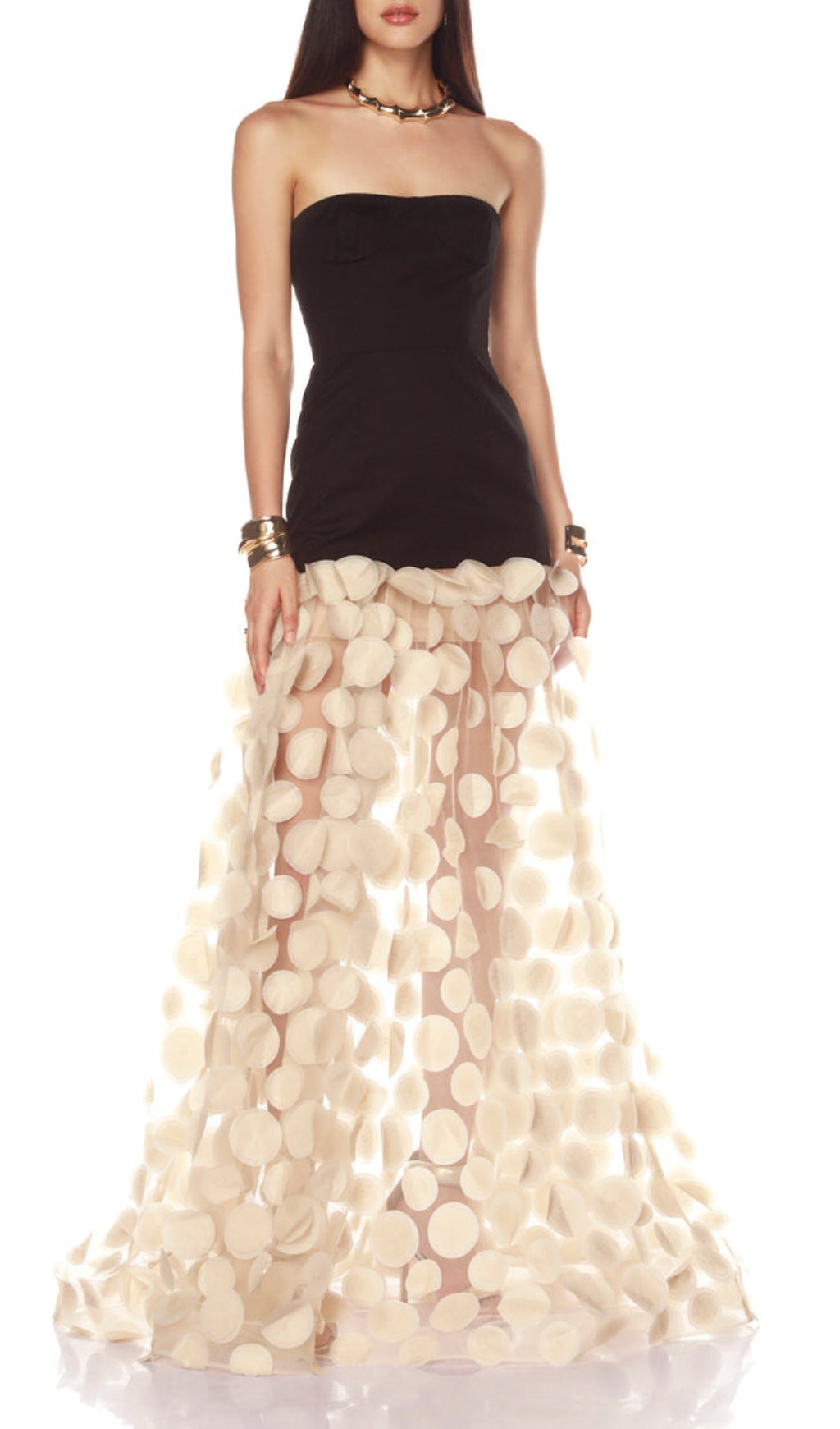 Duffy Strapless Black Bodice Mesh Dot Maxi Dress