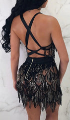 Dazzling Black Sequin Halter Backless Mini Dress with Tassels