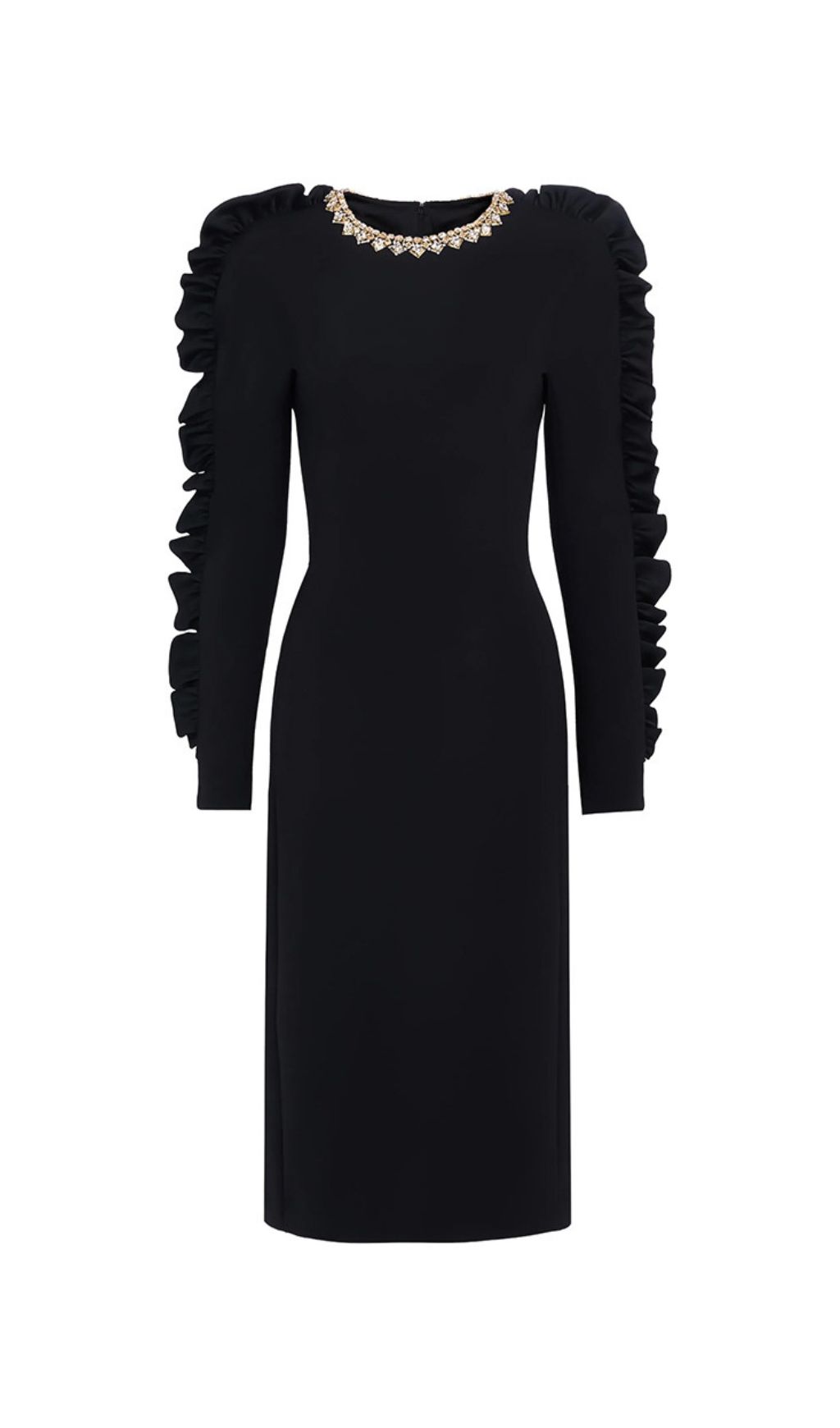 Hallie Crystal & Ruffle Sleeve Black Midi Dress