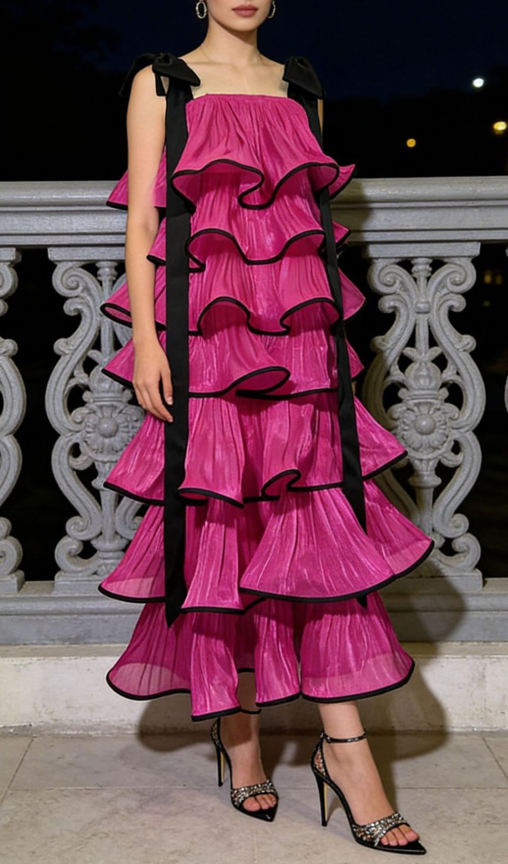 Jenneva Fuchsia Tiered Ruffle Maxi Dress