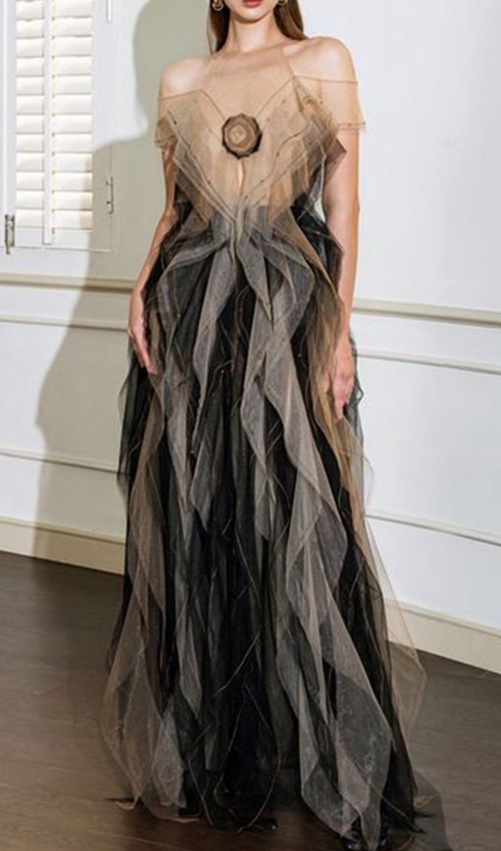 Ethereal Rosette Mesh Ruffle Maxi Gown