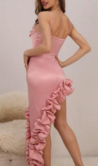 Abigail Glamorous Ruffle Slit Satin Dress