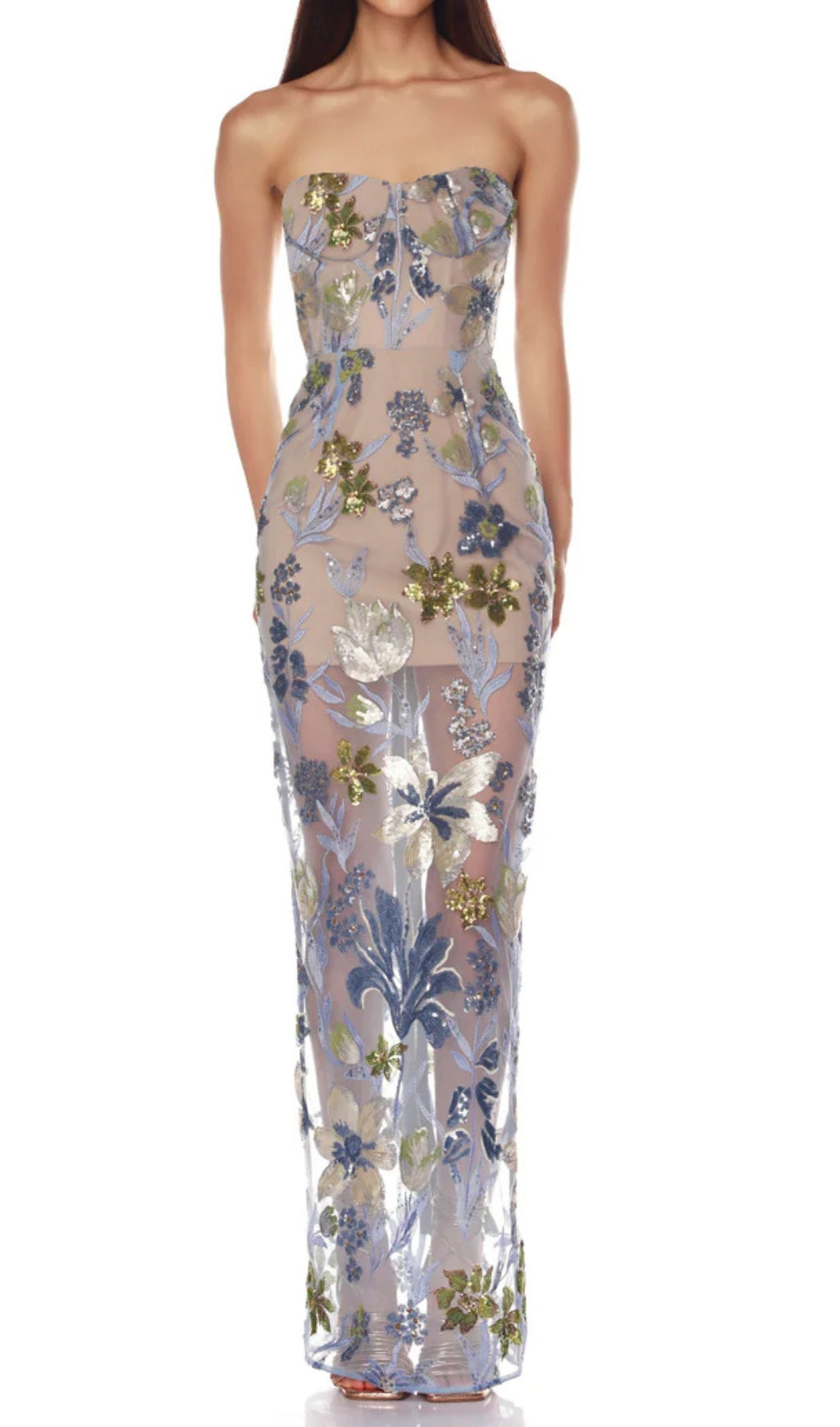 Danyl Blue Floral Sequin Strapless Maxi Gown