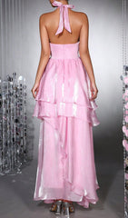 Haloke Shimmer Pink Halter Tiered Ruffle Maxi Dress