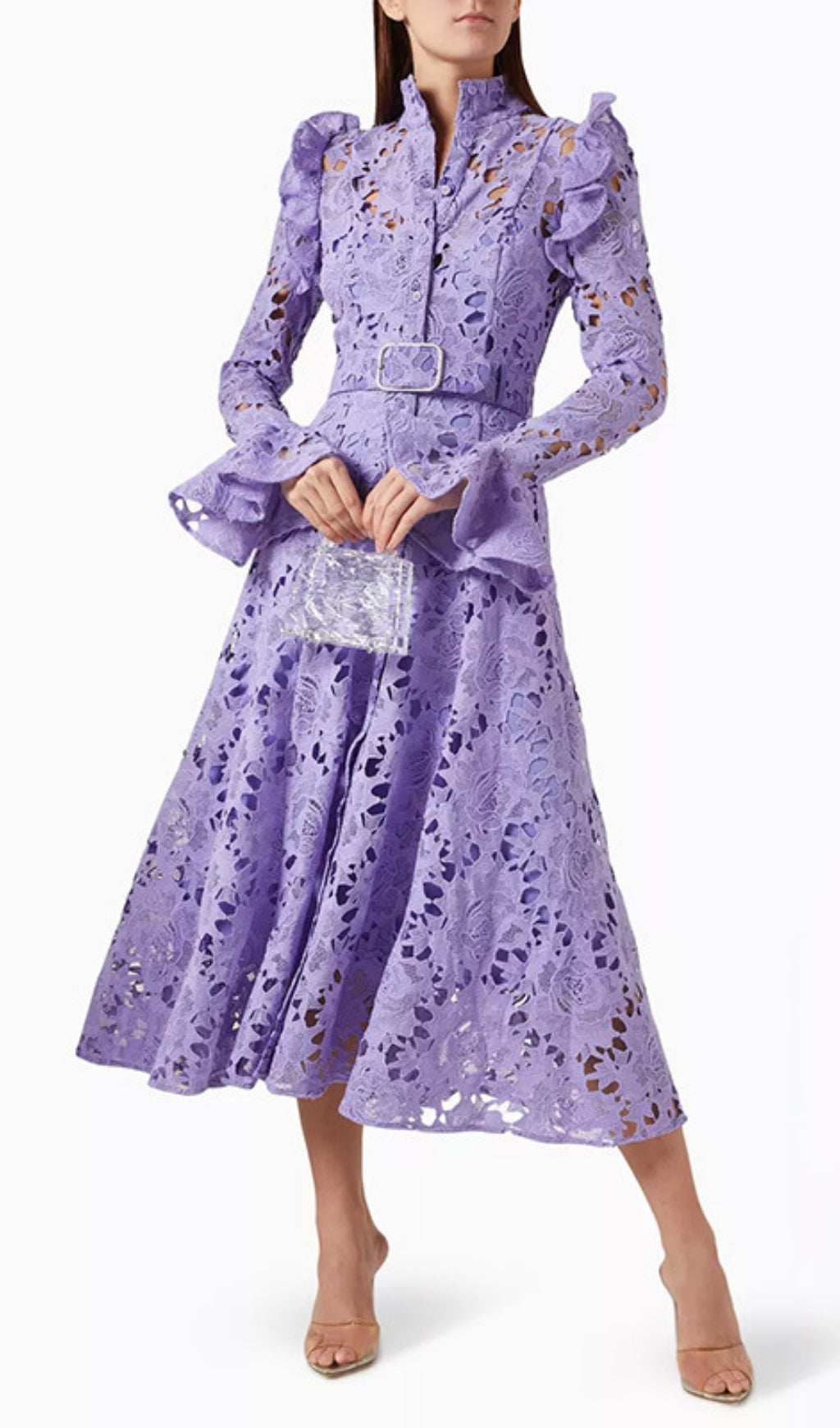 Elea Chic Lavender Embroidered Long Sleeve Midi Dress with Belt