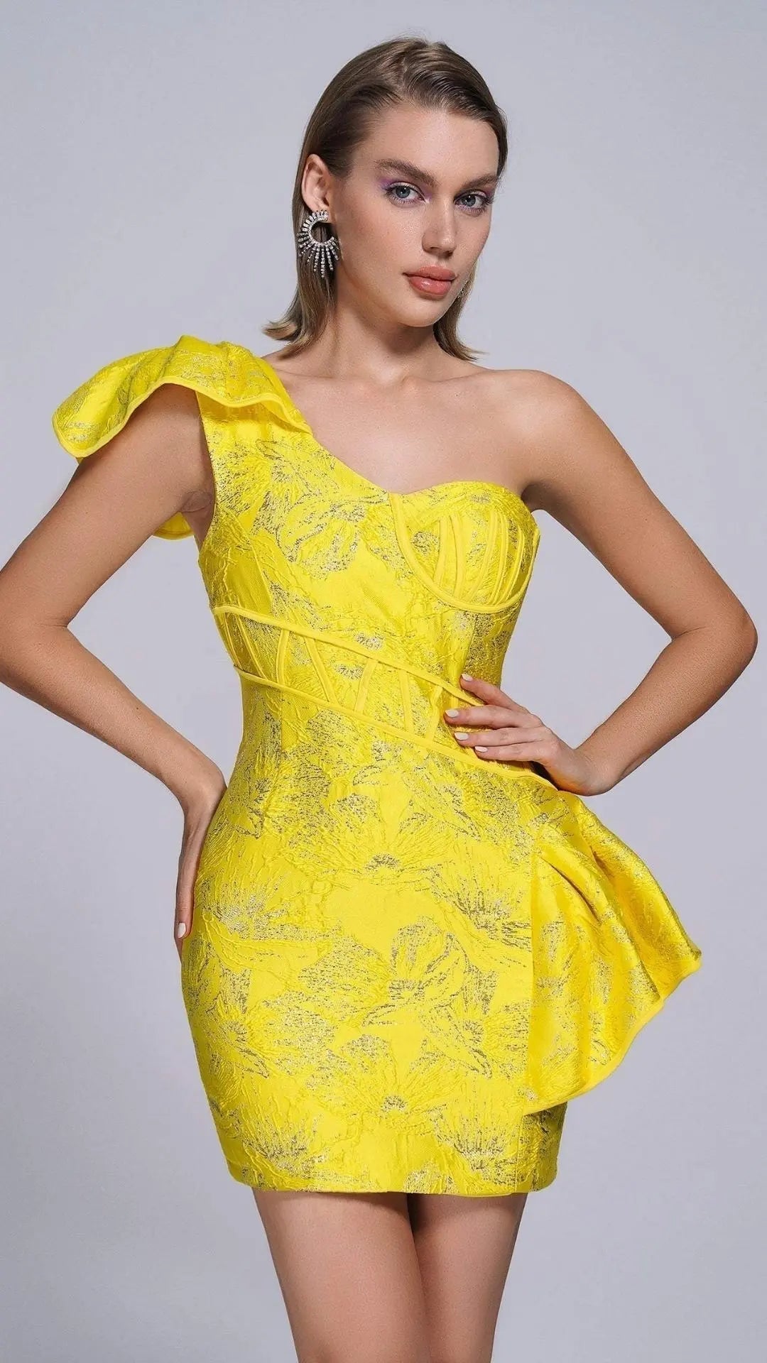 Radiant Yellow Jacquard One-Shoulder Mini Dress