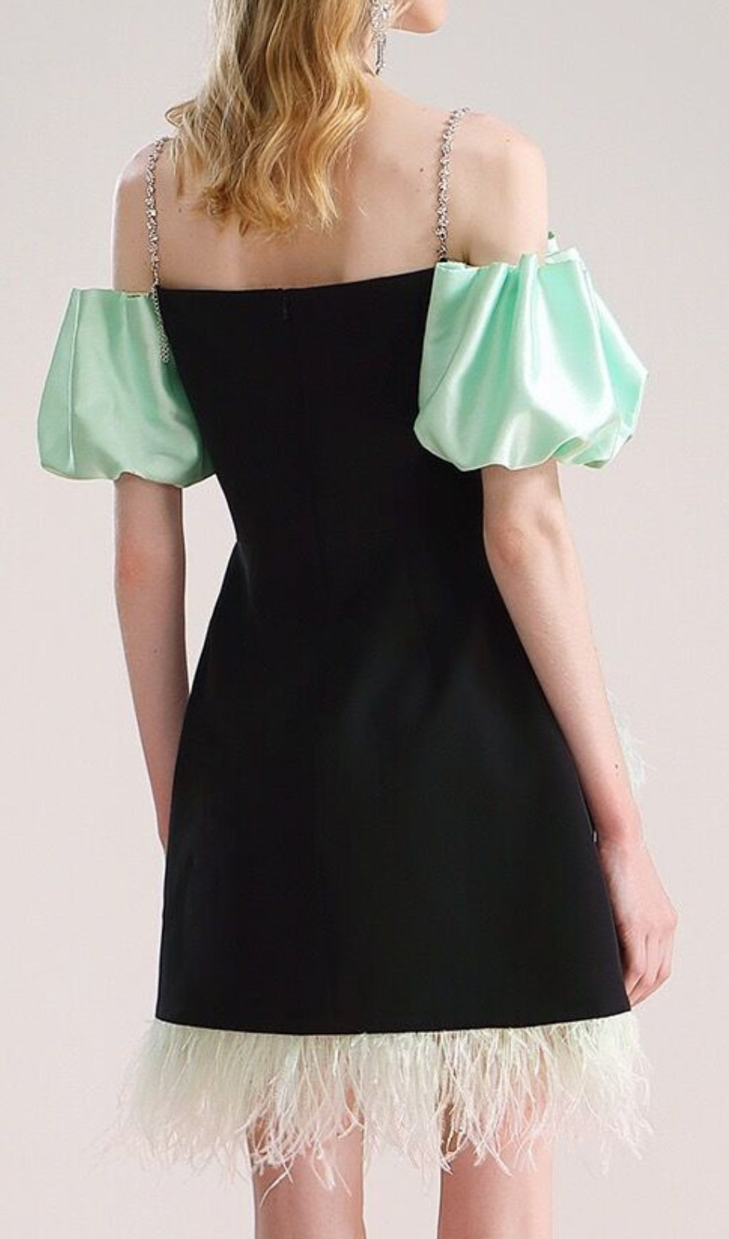 Cielo Chic Black & Mint Off-Shoulder Feather Mini Dress