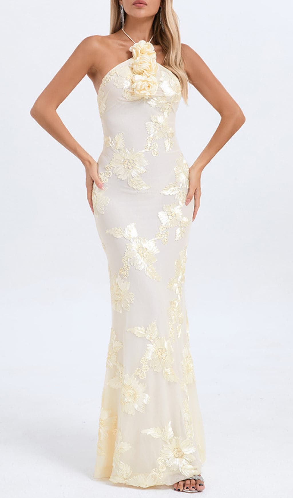 Ivory Halter Neck Maxi Dress with 3D Floral Embellishments