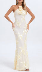 Ivory Halter Neck Maxi Dress with 3D Floral Embellishments