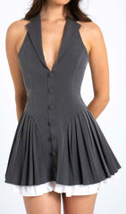 Dhriti Grey Tailored Halter Mini Dress with Pleated Skirt