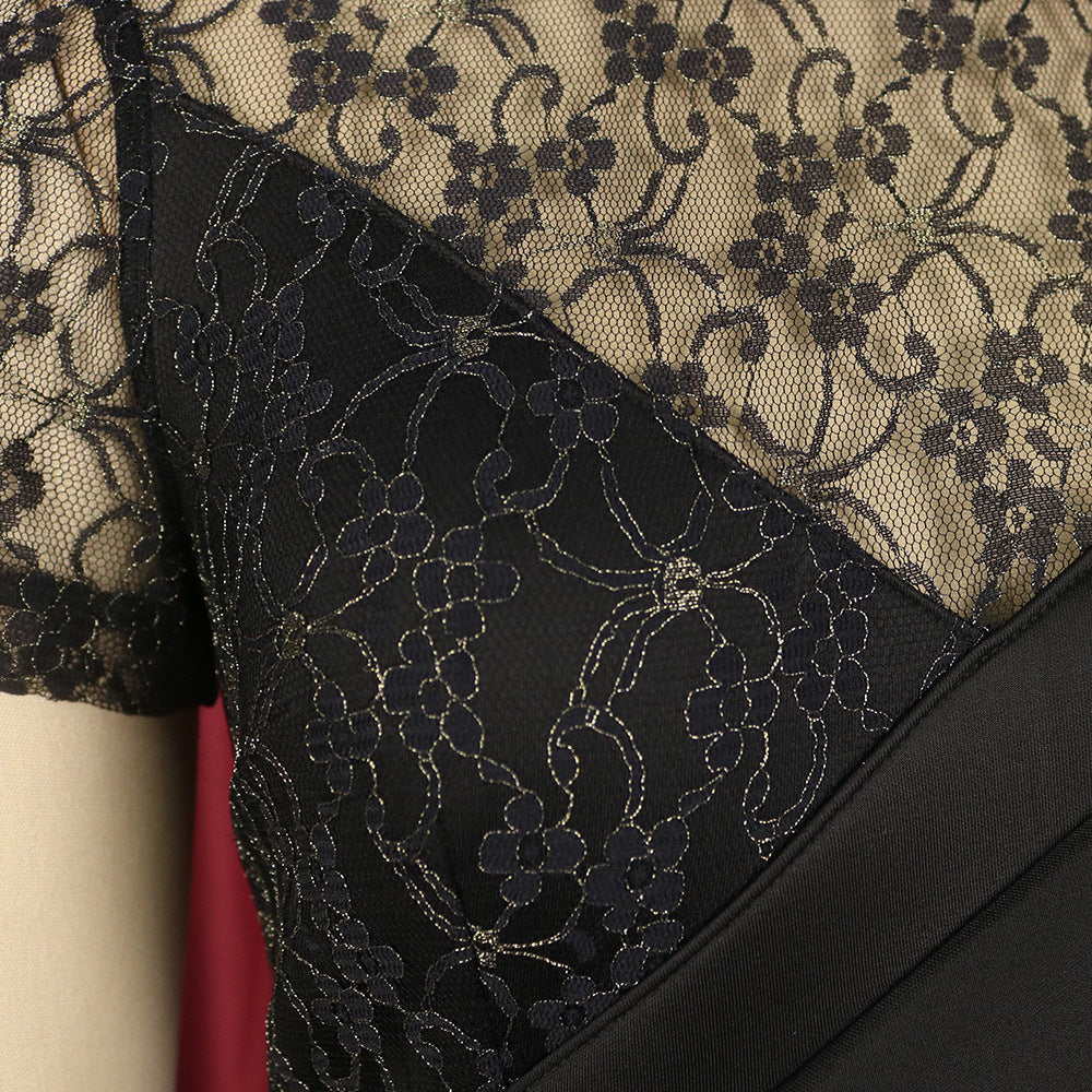 Bader Black Lace Asymmetrical Ruffle Midi Dress