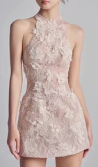 Darin Halter 3D Floral Lace Mini Dress