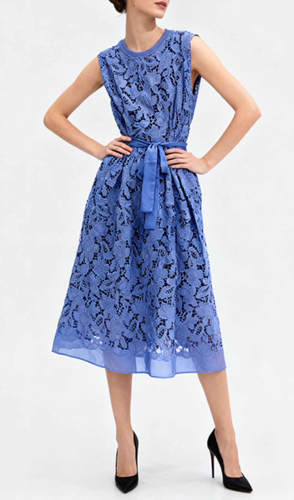 Illyria Blue Floral Lace Midi Dress with Belt