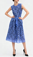 Illyria Blue Floral Lace Midi Dress with Belt