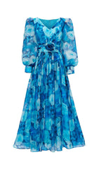 Feray Blue Watercolor Floral Maxi Dress with 3D Rose Belt