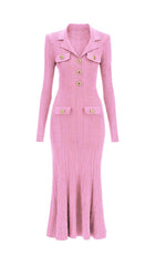 Clidhna Elegant Gold Button Ribbed Knit Midi Dress