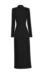 Akiyoshi Elegant Black Bow-Neck Midi Dress with Golden Floral Buttons