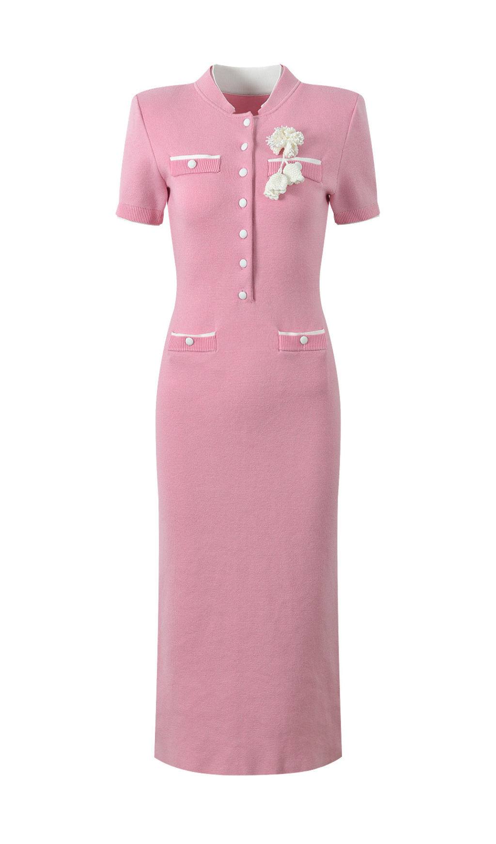 Chic Sweet Pink Floral Knit Midi Dress with Button Details
