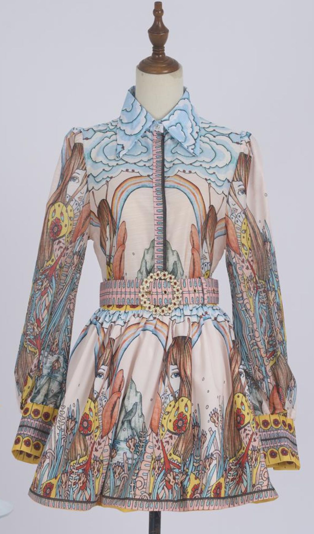 Githa Artistic Dream Print Long Sleeve Mini Dress with Statement Belt