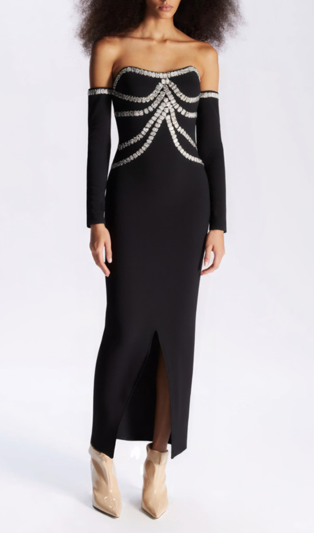 Gandhi Black Rhinestone Off-Shoulder Maxi Gown