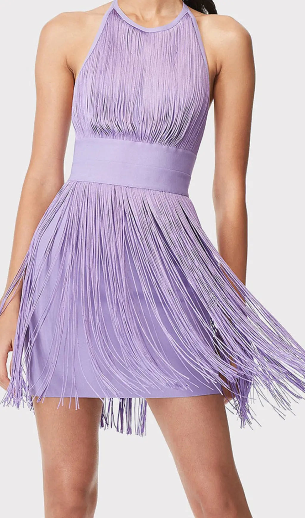 Showstopping Lavender Fringe Halter Mini Dress