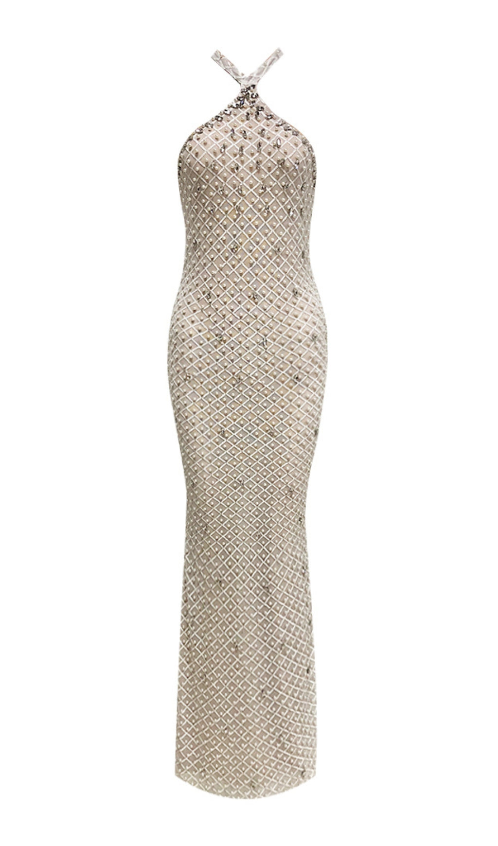 Cilian Dazzling Halter Crystal Pearl Sequin Maxi Gown