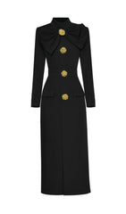 Akiyoshi Elegant Black Bow-Neck Midi Dress with Golden Floral Buttons
