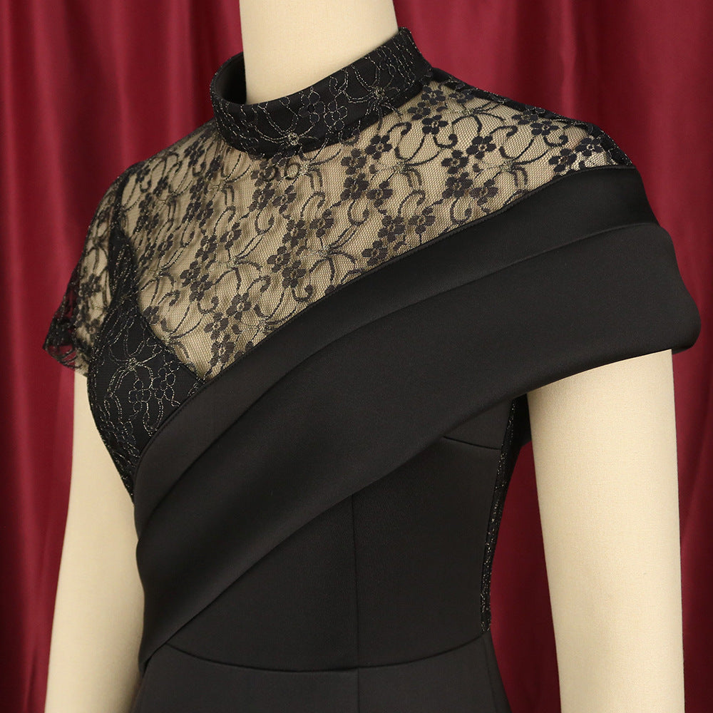 Bader Black Lace Asymmetrical Ruffle Midi Dress
