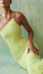 Vibrant Yellow Feather Trim Midi Dress