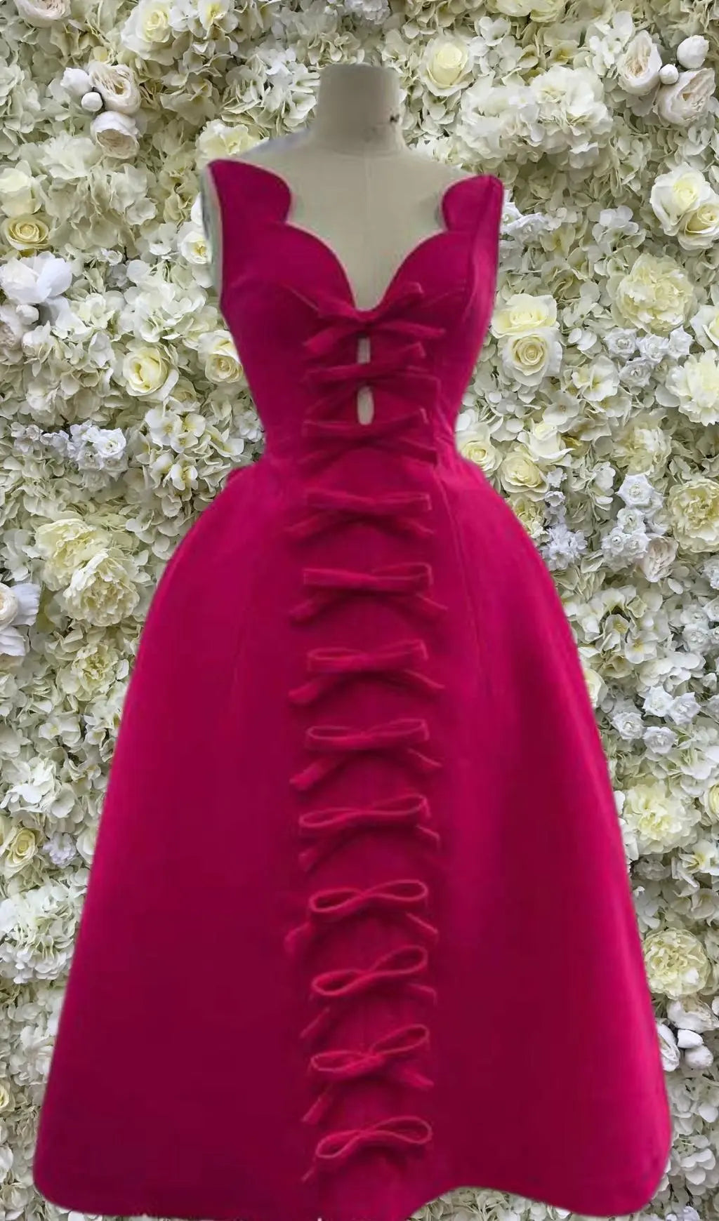 Chic Pink Bow-Front V-Neck A-Line Midi Dress