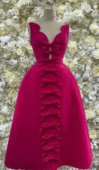 Chic Pink Bow-Front V-Neck A-Line Midi Dress