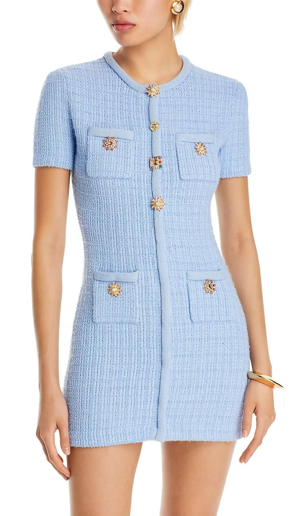 Chic Sky Blue Textured Mini Dress with Jewel Embellished Buttons