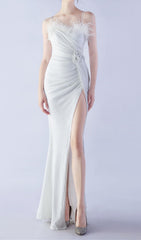 Glamorous White Sequin Feather High Slit Maxi Gown