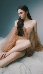 Dolly Dream Khaki Off-Shoulder Mesh Mini Dress