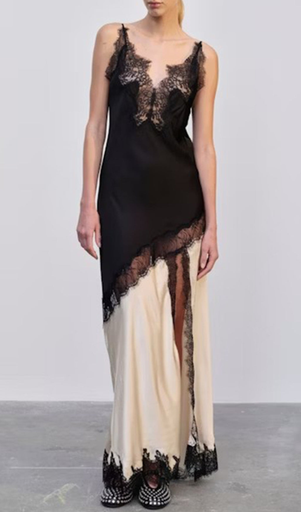 Chic Black & Cream Lace Trim Maxi Slip Dress