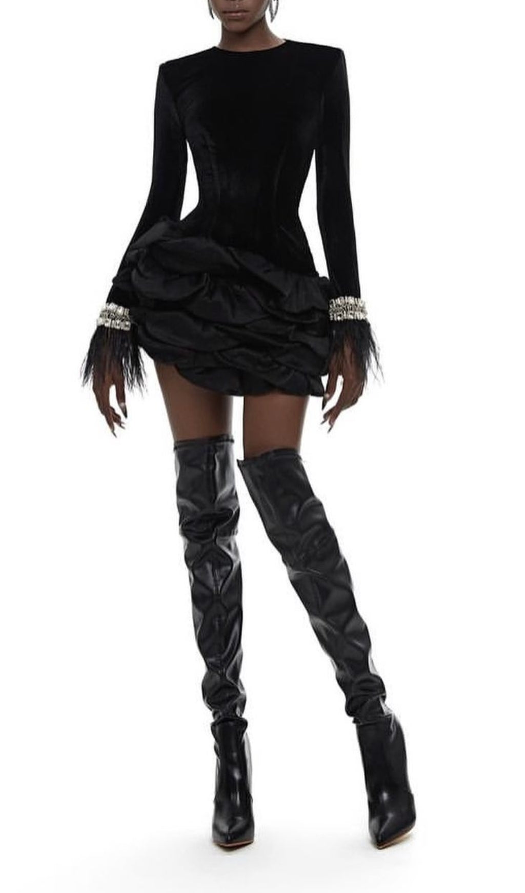 Cardea Luxe Black Crystal Feather Ruffle Mini Dress for Women