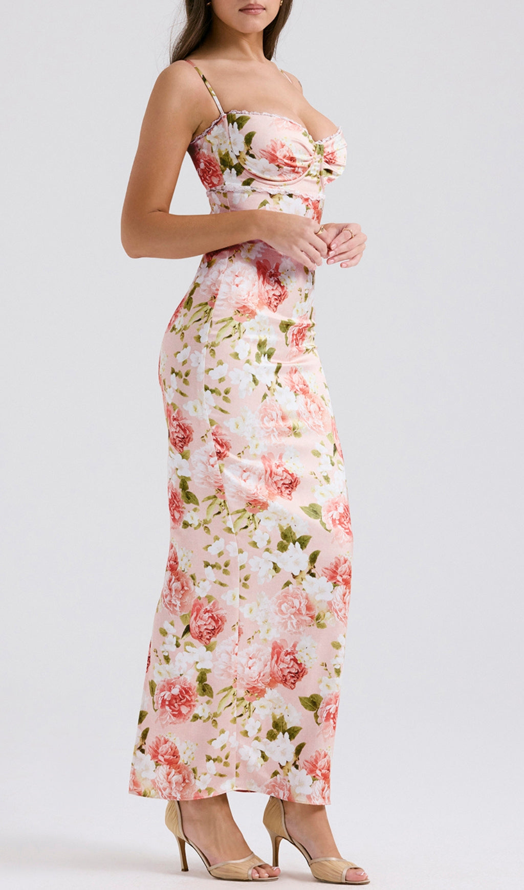Beasley Pink Peony Print Satin Maxi Dress with Lace Trim & Slit