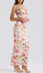 Beasley Pink Peony Print Satin Maxi Dress with Lace Trim & Slit