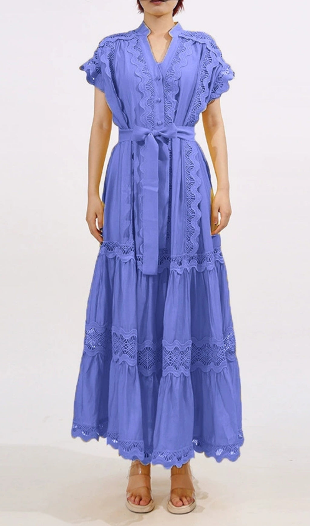 Fritzi Yellow Bohemian V-Neck Lace Tiered Maxi Dress for Women
