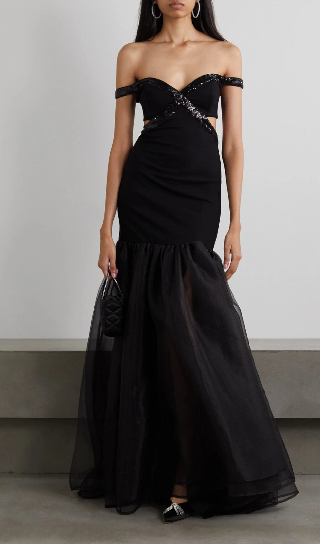 Dosia Black Sequin Cutout Off-Shoulder Maxi Gown