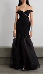 Dosia Black Sequin Cutout Off-Shoulder Maxi Gown