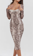 Chic Serpentine Print Long Sleeve Midi Dress with Lace Trim