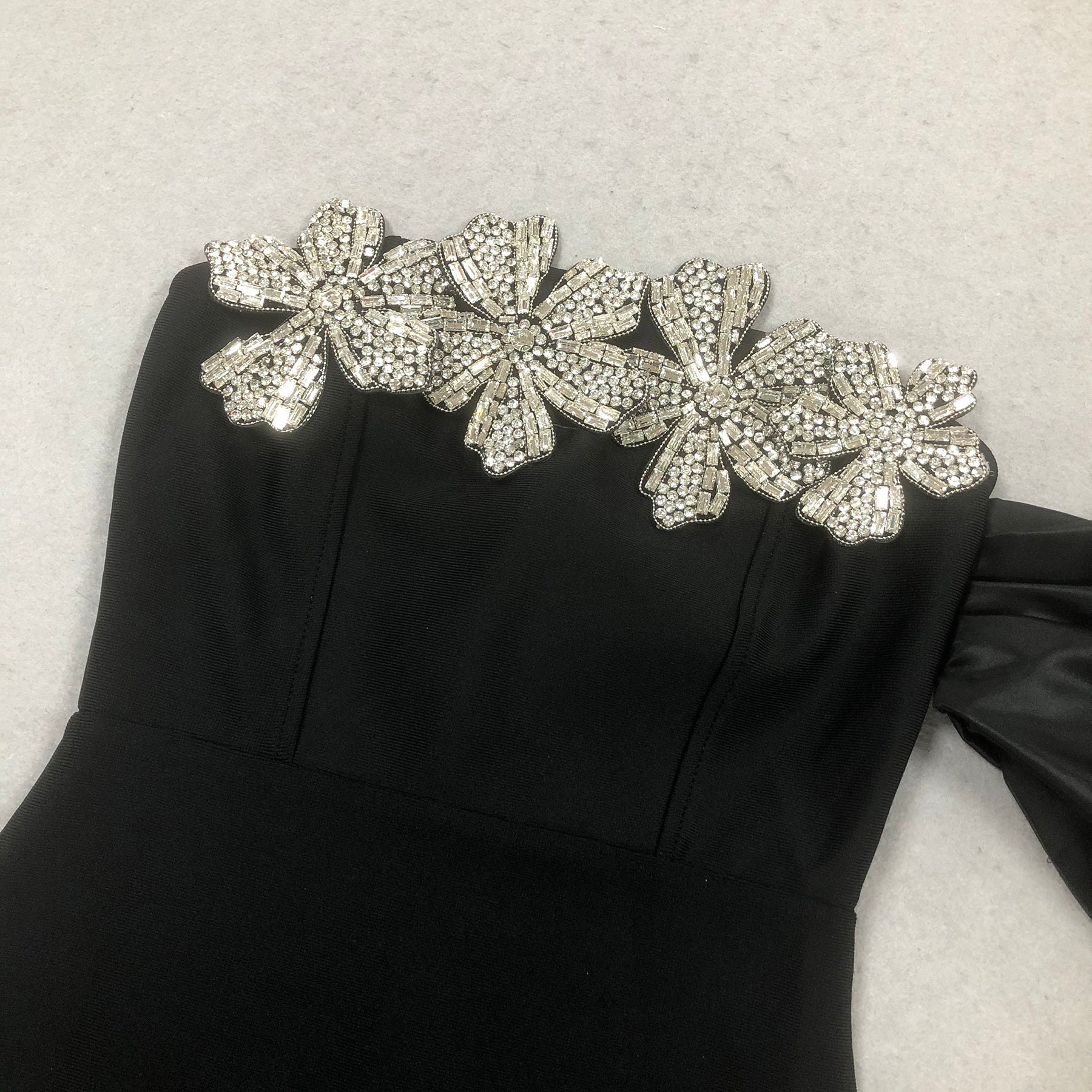 Delyth Black Crystal Flower Embellished Maxi Gown with Dramatic Sleeve